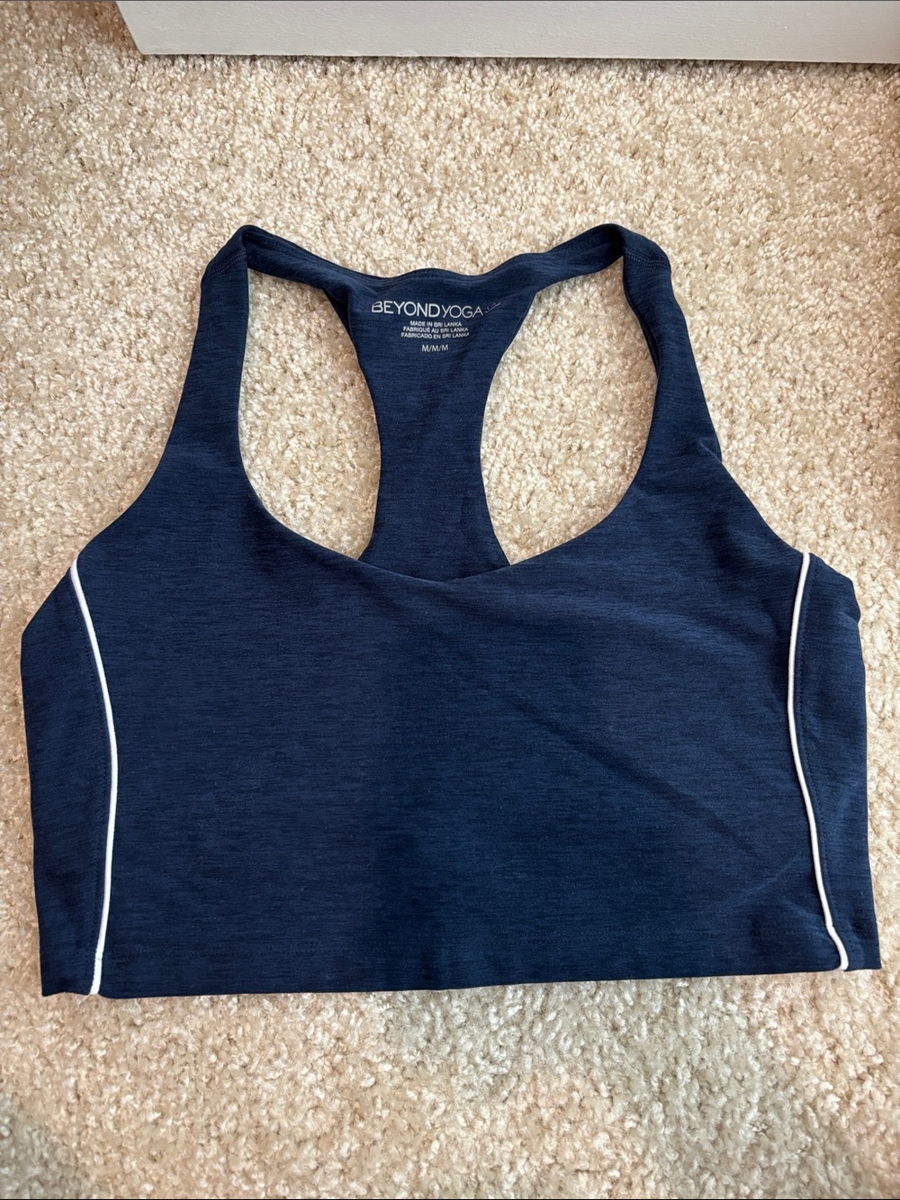 Beyond Yoga Navy Racerback Sports Bra with White Piping